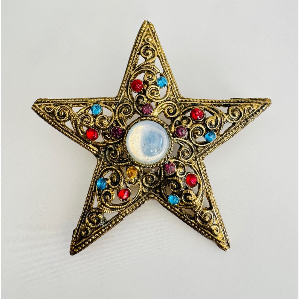 Faux Moonstone And Rhinestone Star Brooch (unsigned)